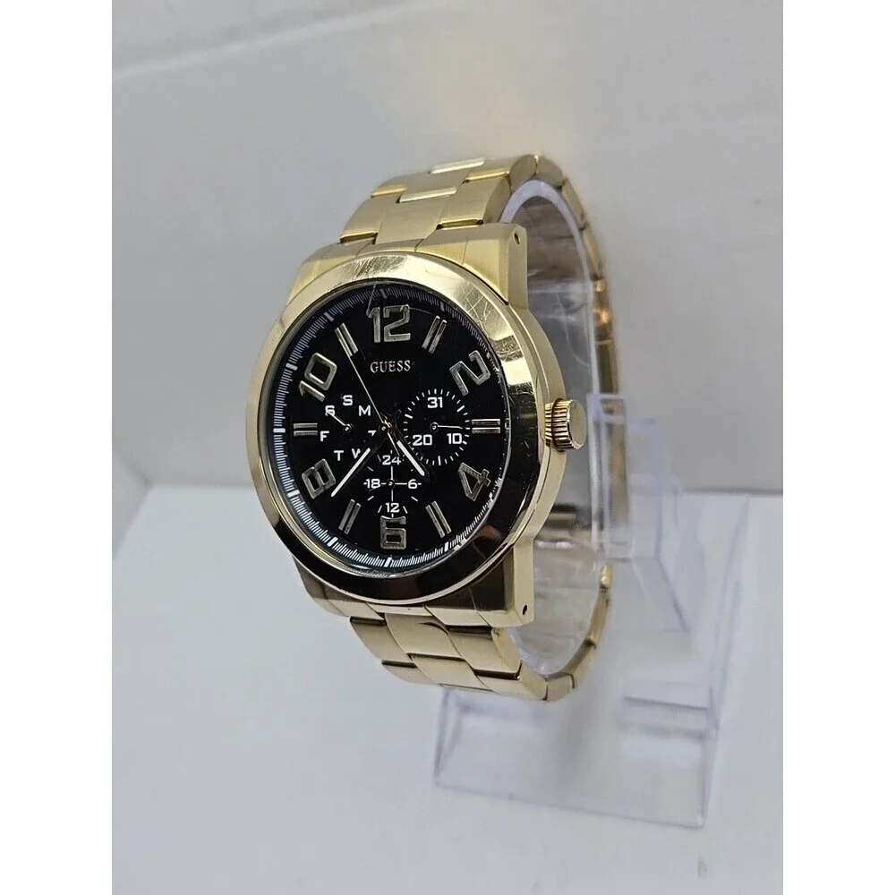 Mens Guess Steel Gold Tone 44mm Day Date Watch 100M Quartz New Battery Classic